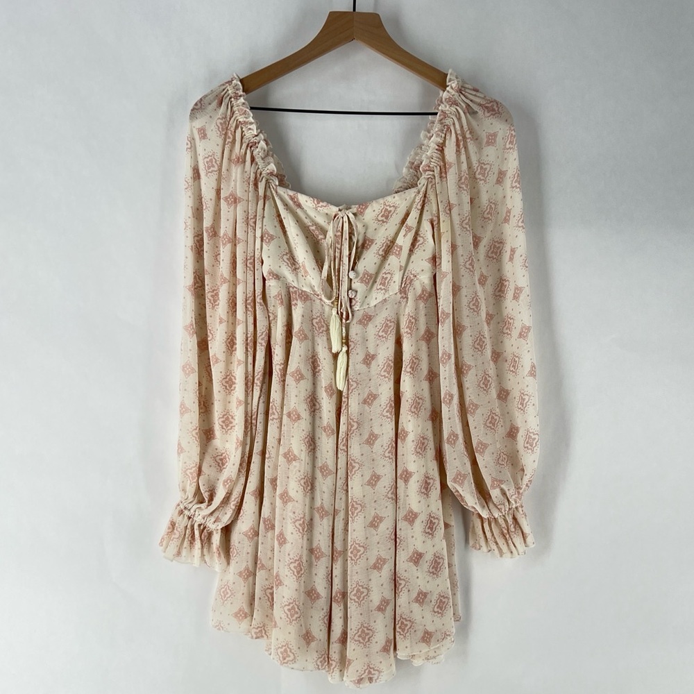 Free People Cream & Pink Geometric Patterned Chiffon Balloon Sleeves Mini Dress